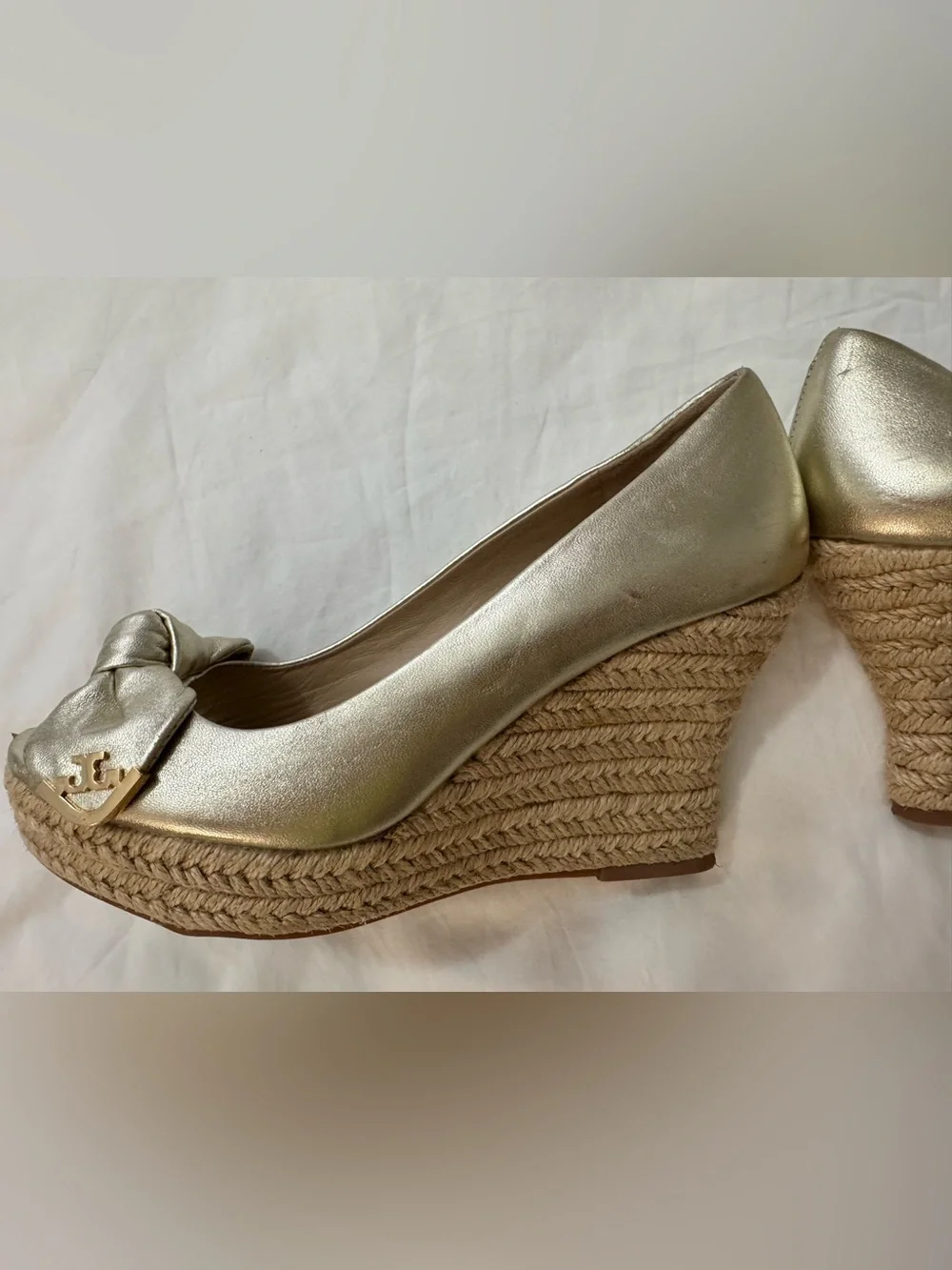 Tory Burch Metallic Gold Espadrille Wedges Size 6